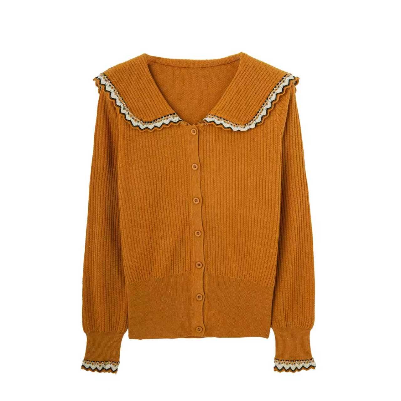 【小乐专享】气质百搭娃娃针织橘色海军领开衫1128