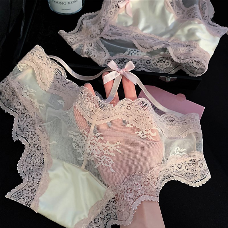 微醺甜心~ 女士粉色蕾丝网纱低腰D高开叉女生纯欲风性感缎面内裤