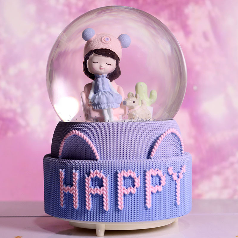 创意彩灯飘雪花卡通可p爱小布玻璃水晶球音乐盒女生儿童生日礼品