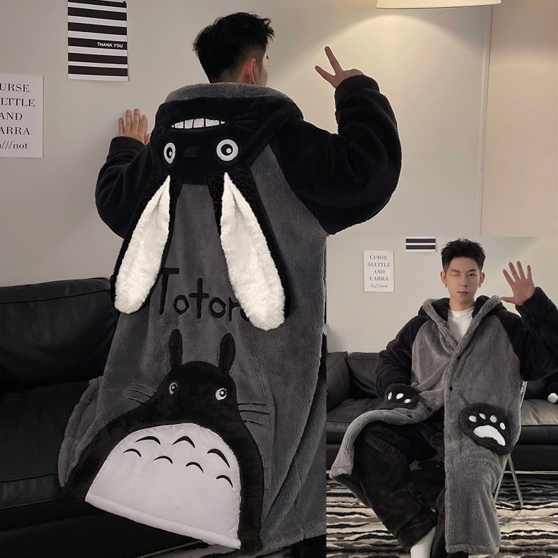 秋冬季加绒加厚睡袍男士珊瑚绒浴袍睡衣卡通青Q少年大码家居服套