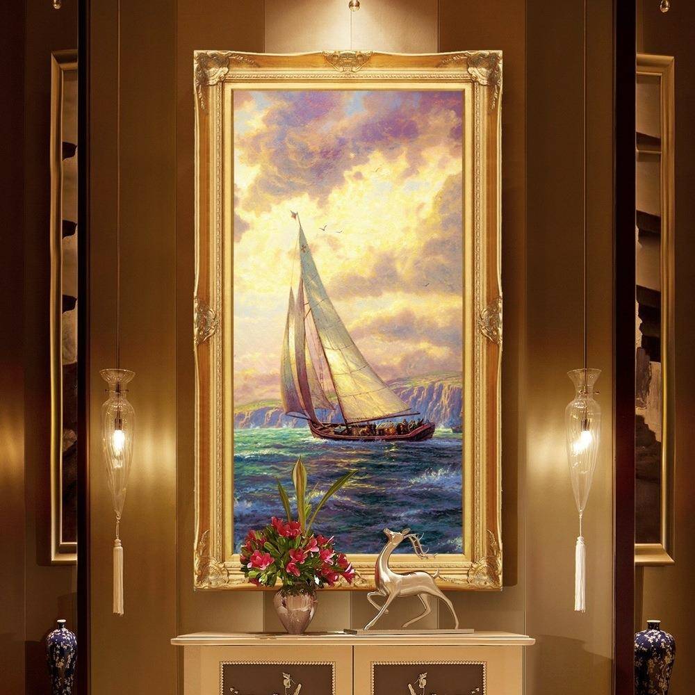 入户玄关竖版油画风景欧式装饰画一帆风顺船卧室过道走廊壁画