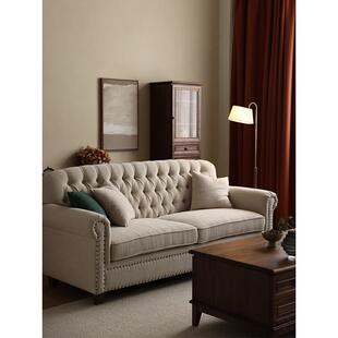 美式乡村实木沙发简约客厅布艺小户型复古奶油风家具三人位田园