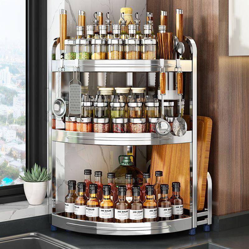 不锈钢厨房多功能置物架调味品调料架三角台面多层墙角收纳架