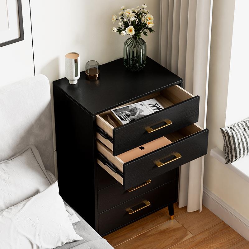 D*实木五斗柜客厅靠墙立柜卧室床尾储物收纳柜五斗橱抽屉柜黑色轻