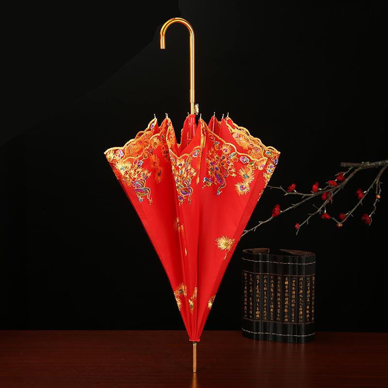 直销新款结婚红伞中式新娘婚庆出嫁婚礼长柄伞大红色复古接亲刺绣