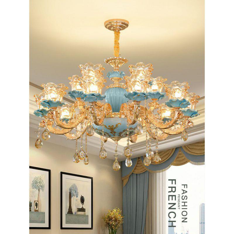 直销新款欧式吊灯客厅大气家用水晶蓝色卧室餐厅灯具灯饰轻奢玻璃