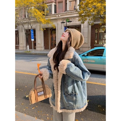 泽班启羊羔毛牛仔夹棉加绒棉服