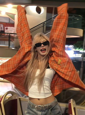 橙色格子长袖衬衫女春秋新款美式复古慵懒风宽松薄款防晒衬衣外套