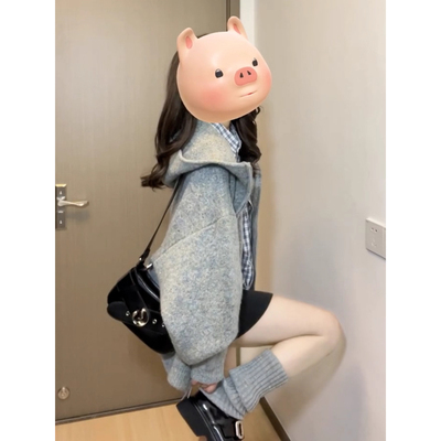 灰色小香风短款外套女春秋季2025新爆款连帽拉链毛衣针织开衫上衣