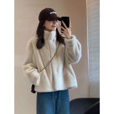 水貂绒皮毛一体外套女2025秋冬新款立领加厚环保皮草短款毛绒上衣