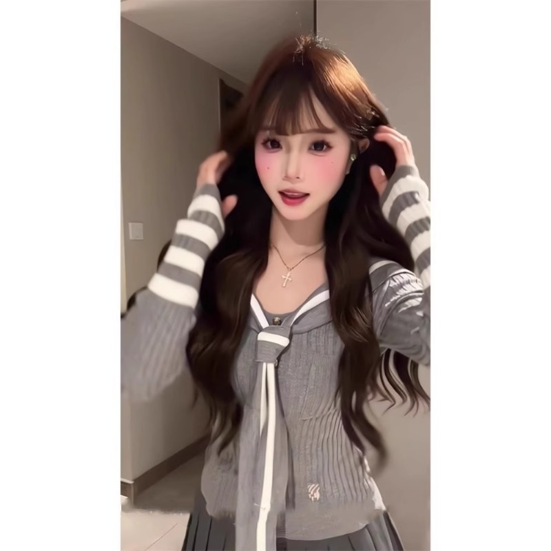 灰色海军领长袖针织衫女春秋季修身小个子毛衣学院风短款内搭上衣