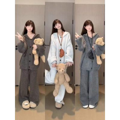 秋冬新款韩穿搭小个子慵懒宽松加厚连帽针织开衫外套休闲裤两件套