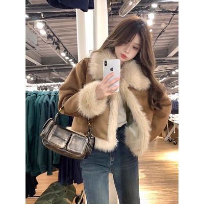 仿皮毛一体麂皮绒短外套女宽松高级感小个子2025秋冬季加厚棉服衣