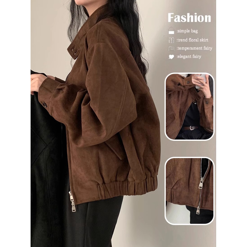 泽班启美式复古棕色短外套