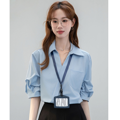法式V领短袖衬衫女高级夏新款显瘦通勤早秋长袖面试职业正装上衣