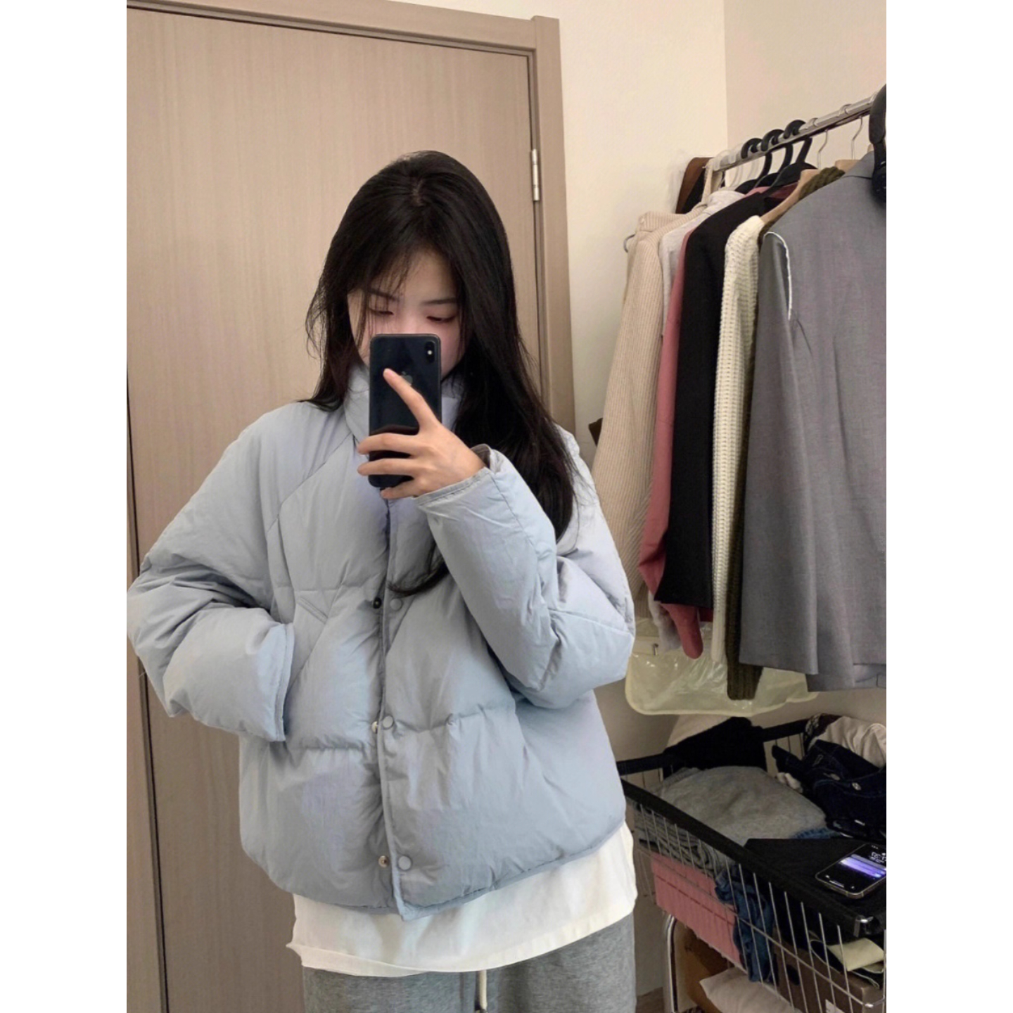 羽绒棉服女秋冬新款韩小个子设计感加厚立领面包服奶蓝色短款外套