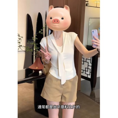 法式V领正肩冰丝针织短袖T恤女夏季小众独特别致修身气质飘带上衣