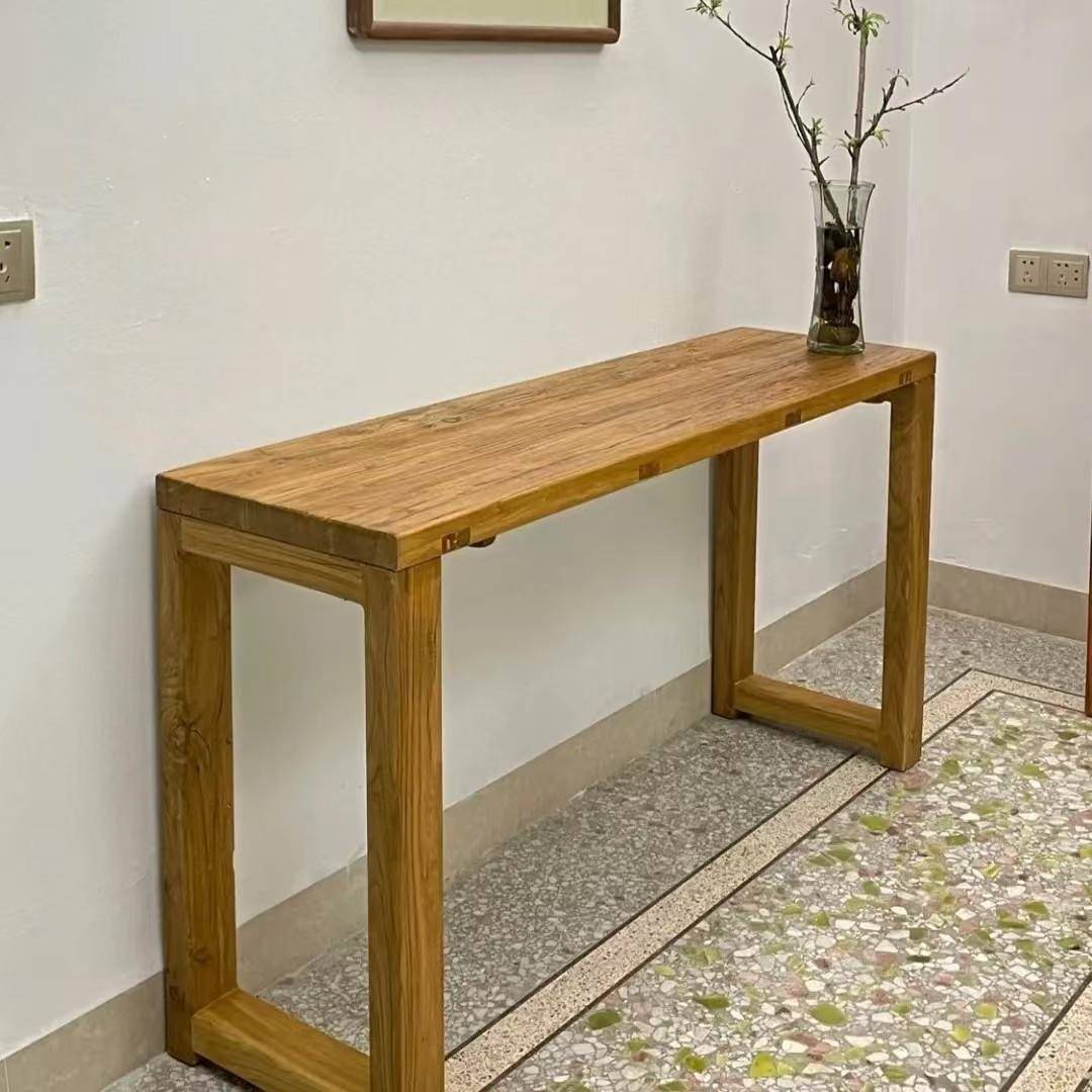 新中式入户门玄关桌实木工作台靠墙老榆木桌子原木色飘窗长条窄桌