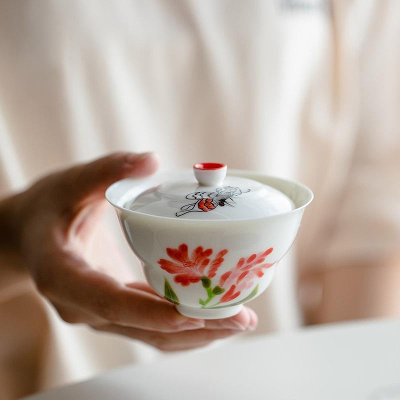 手绘蝶恋花葫芦盖碗单个家用泡茶碗白瓷薄胎手工茶具茶碗防烫茶碗