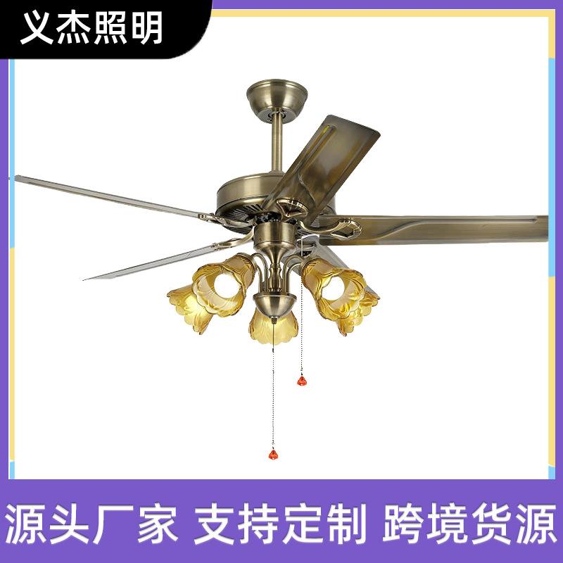 美式简约吊扇灯LED餐厅客厅灯铁叶传统复古卧室风扇110V灯具