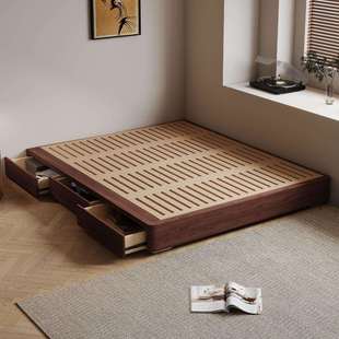 胡桃木实木床侧开气压储物三抽榫卯结构榉木排骨架小户型榻榻米床