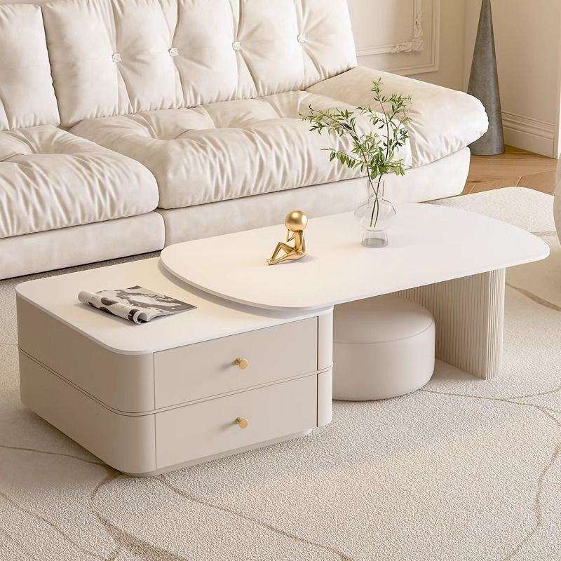 法式纯白岩板茶几轻奢现代简约奶油风客厅椭圆形家用小户型可伸缩