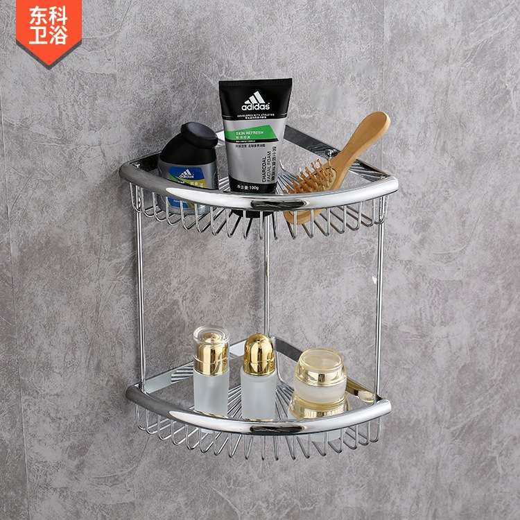 卫生间三角架转角架双层角架银色三角篮洗澡间置物架镀铬562铜篮