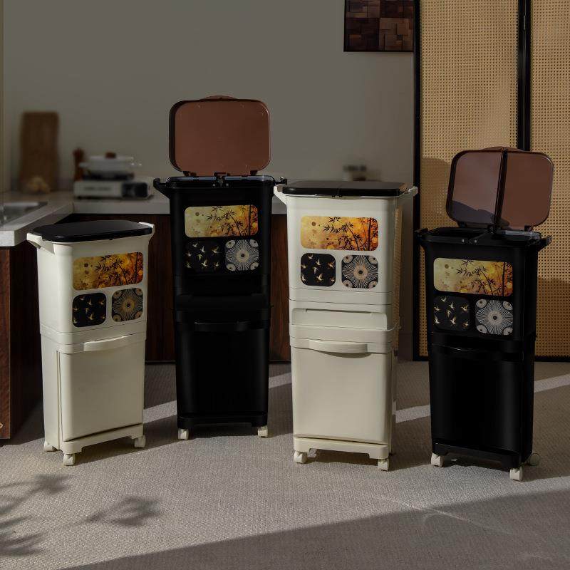 家用分类垃圾桶厨房可移动带轮高颜值免弯腰干湿分离垃圾桶脚踏式