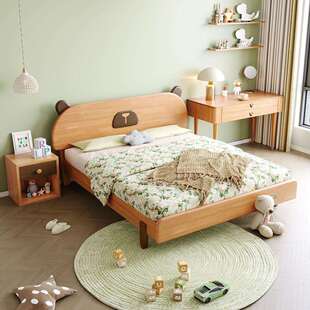 儿童床橡木双人床实木加粗稳固床腿家用卧室女孩米单人小床宝宝床