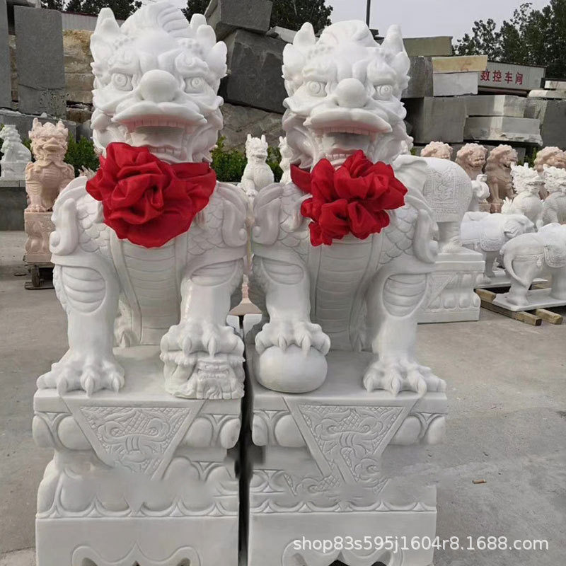 石雕晚霞红麒麟雕塑汉白玉貔貅一对户外酒店庭院动物摆件雕塑