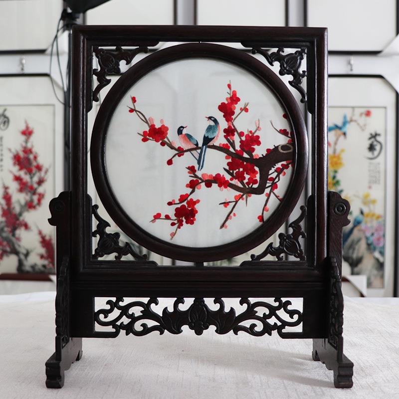 苏州特色纯手工刺绣紫光檀五幅架小台屏中国风苏绣山水园林摆件