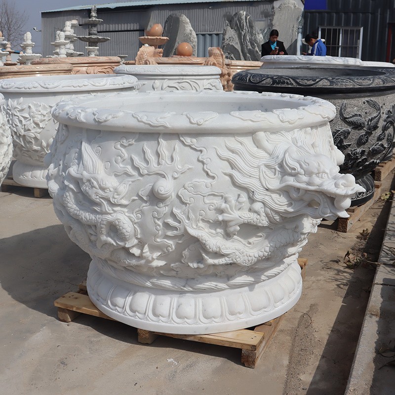 石雕鱼缸花盆汉白玉龙头石缸水缸新中式别墅庭院门海种花养鱼摆件