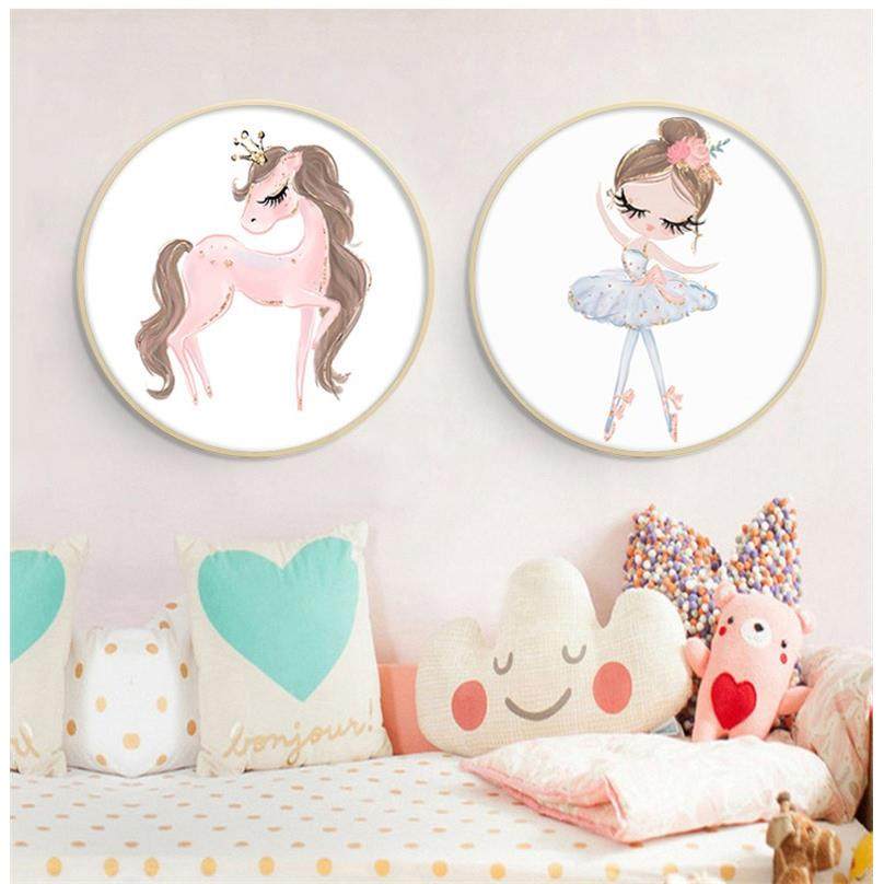 儿童房装饰画卧室床头墙壁圆形网红粉色壁画卡通女孩公主房间挂画