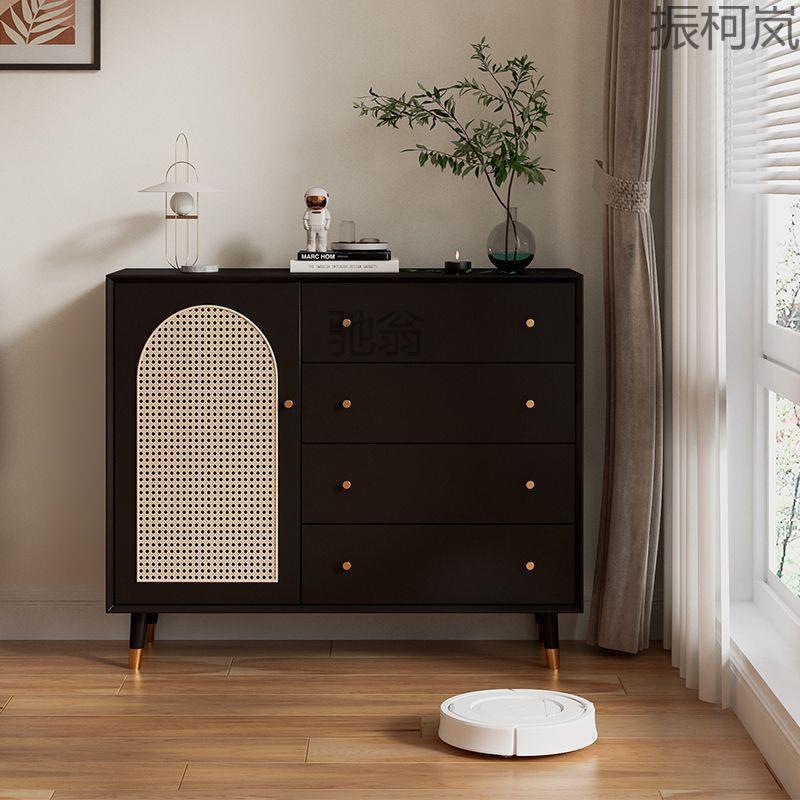 振Y1实木意式藤编斗柜卧室收纳柜五斗柜客厅储物抽屉柜五斗橱黑色