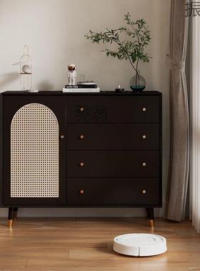 振Y1实木意式藤编斗柜卧室收纳柜五斗柜客厅储物抽屉柜五斗橱黑色