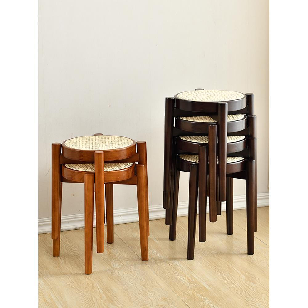 简约实木凳子藤编可收纳叠放小圆凳方凳餐桌凳家用矮凳艺术藤凳椅