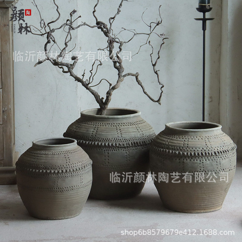 仿古大肚土陶罐非遗手工罐落地花瓶粗陶花器客厅民宿造景装饰陶器