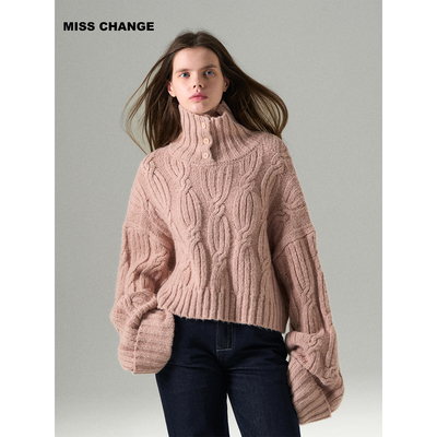 MISSCHANGE设计师品牌 粉色绵羊毛/混纺复古绞花套头针织短毛衣女