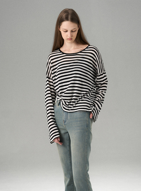 MISS CHANGE  100%天丝黑白条纹针织衫女2026宽松防晒长袖上衣
