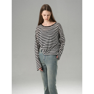 MISS CHANGE 100%天丝黑白条纹针织衫女2026宽松防晒长袖上衣