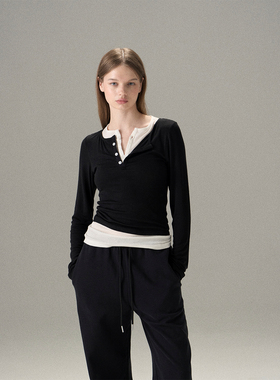 MISSCHANGE设计师品牌 2025新款假两件长袖T恤女修身显瘦打底上衣