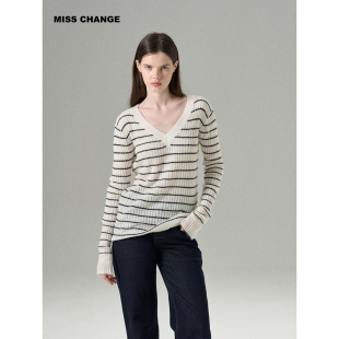 MISSCHANGE设计师品牌 马海羊毛条纹V领针织衫女修身显瘦打底衫