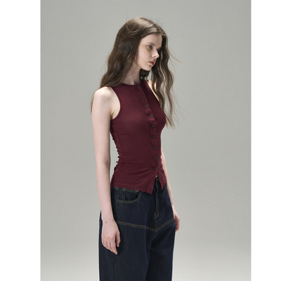 MISSCHANGE设计师品牌 醋酸无袖背心女修身显瘦单排扣上衣