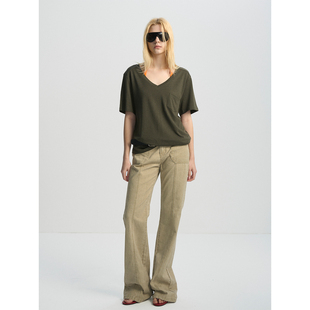 T恤女军绿色显瘦慵懒松弛感 天丝亚麻极简风V领短袖 MISS CHANGE