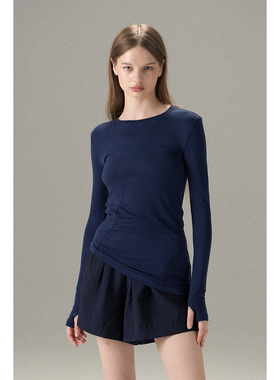 MISSCHANGE设计师品牌 2025新款不对称长袖T恤女修身显瘦打底上衣