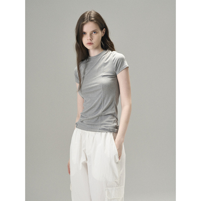 MISSCHANGE设计师品牌 醋酸新款圆领短袖T恤女修身显瘦上衣