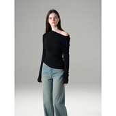 MISSCHANGE设计师品牌 天丝羊毛斜领露肩T恤女多穿法弯刀剪裁上衣