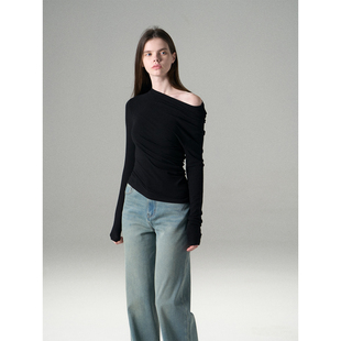 MISSCHANGE设计师品牌 天丝羊毛斜领露肩T恤女多穿法弯刀剪裁上衣