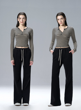 MISS CHANGE设计师品牌 天丝条纹亨利领修身长袖T恤