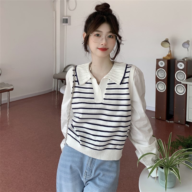 大码胖妹妹假两件拼接polo领针织衫女春秋新款设计感条纹长袖上衣